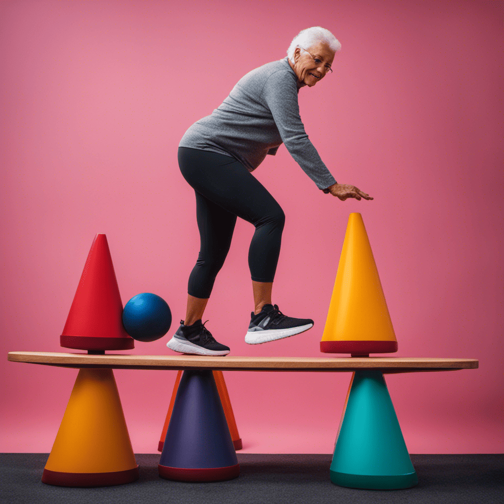 An image showcasing a senior gracefully stepping onto a wobbly balance board with focused determination, surrounded by vibrant colored cones, illustrating improved balance and stability through mobility training