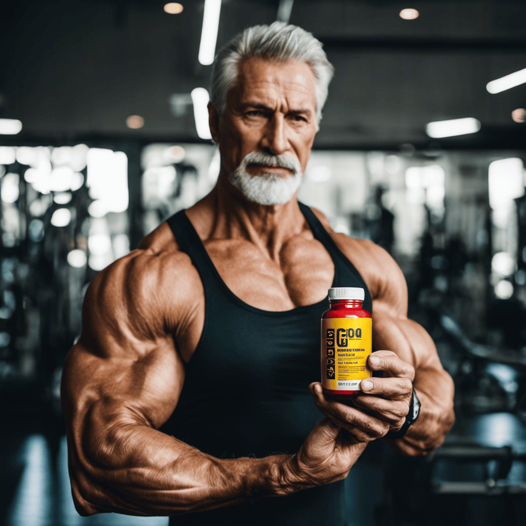 An image showcasing a mature man in a gym, flexing his muscular arms with visible veins, while holding a bottle of Coenzyme Q10 (CoQ10) supplement