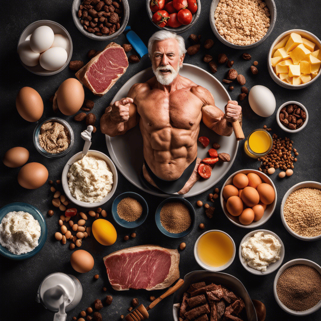 An image showcasing a fit senior lifting weights surrounded by a diverse range of protein-rich foods like lean meats, dairy products, and eggs, emphasizing a scoop of whey protein powder as the central element