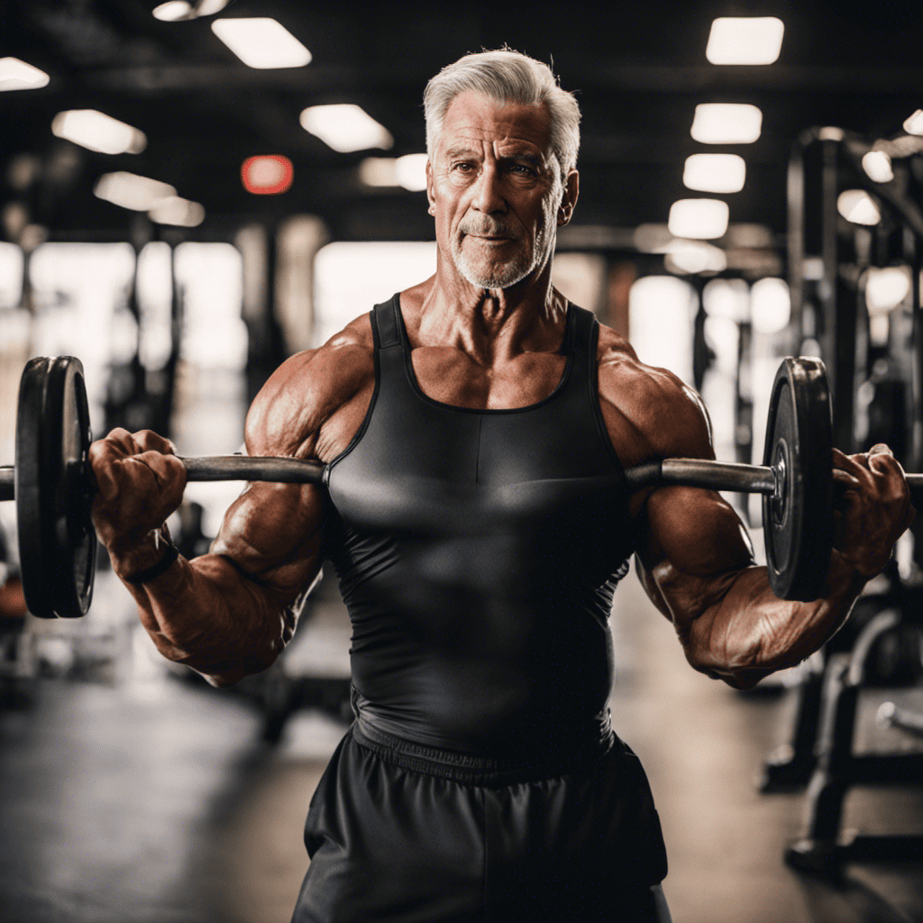 An image showcasing a mature athlete with bulging muscles, lifting weights effortlessly