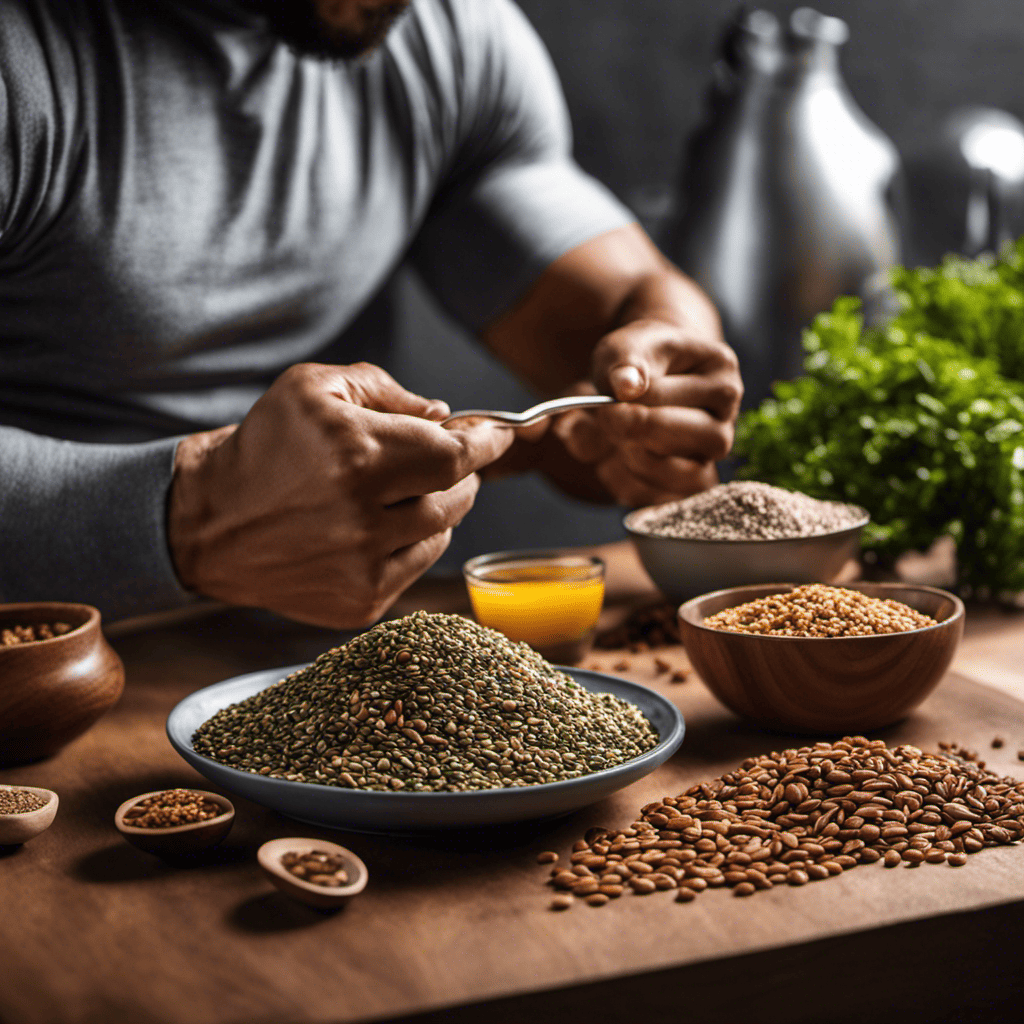 An image showcasing a vibrant, diverse plate of omega-3 rich foods like fatty fish, chia seeds, walnuts, and flaxseeds, complemented by a muscular arm flexing in the background to symbolize strength and muscle gain