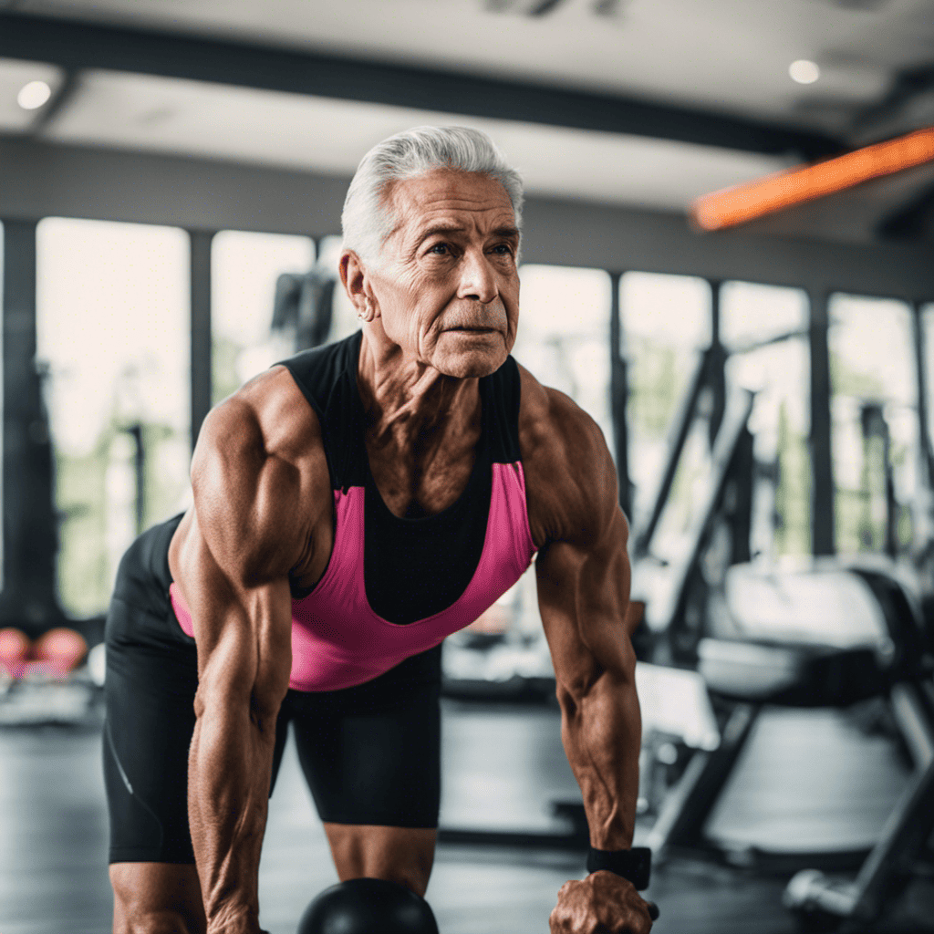 An image showcasing a mature, vibrant individual in their 60s engaged in a high-intensity workout routine, with defined muscles, using Beta-Alanine supplements