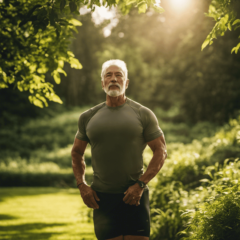 An image showcasing a mature, active individual outdoors, basking in sunlight, surrounded by lush greenery