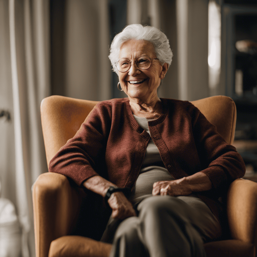 An image showcasing an older adult seated in a comfortable chair, smiling with joy, while engaging in chair exercises