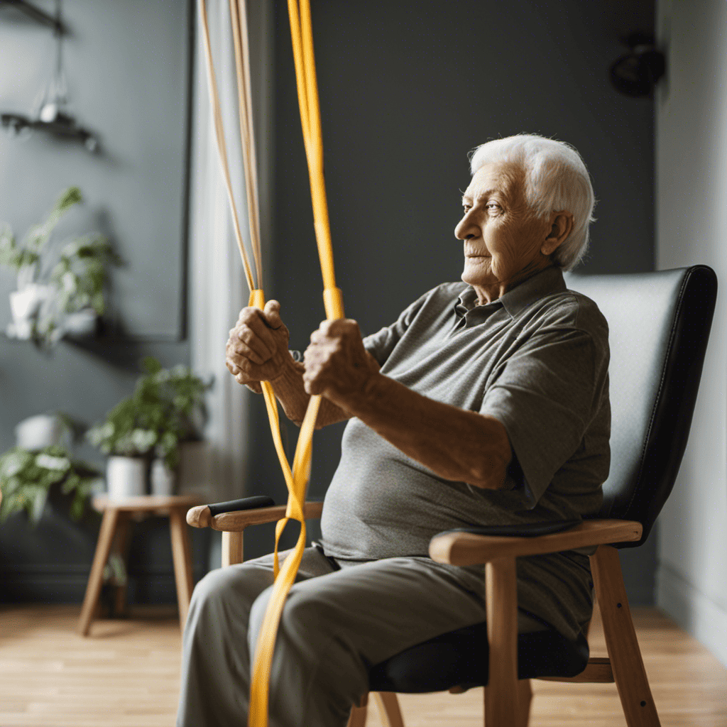 An image showcasing an older adult sitting in a chair, using a resistance band to perform upper body exercises