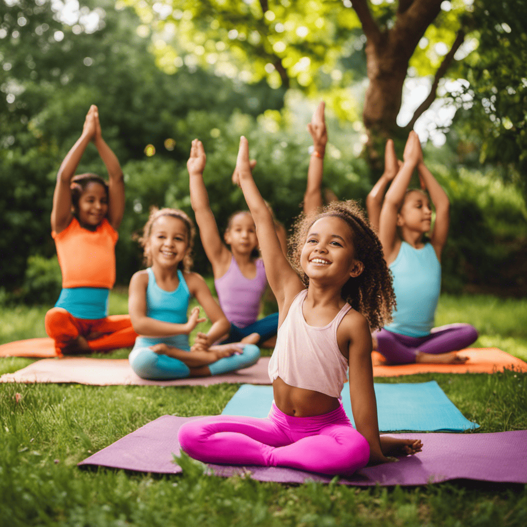 An image of a joyful, diverse group of children in colorful yoga attire, engaging in playful yoga poses like the 