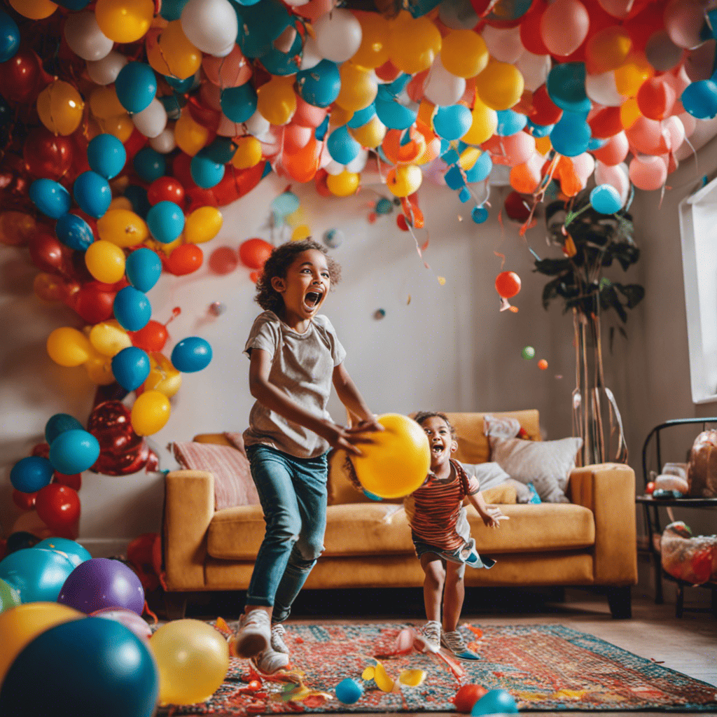 An image of a living room transformed into a vibrant playground, with children joyfully playing balloon volleyball amidst colorful streamers and balloons, their laughter filling the air, showcasing the exhilarating world of indoor sports