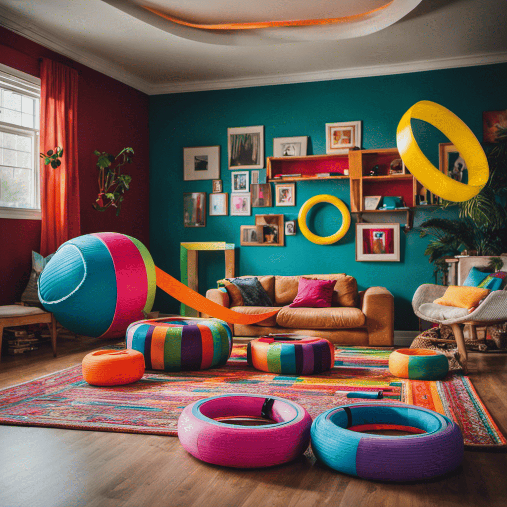 An image of a living room transformed into a vibrant obstacle course, complete with colorful tape outlines, hula hoops, and bean bags, inspiring families to engage in thrilling indoor exercise games together