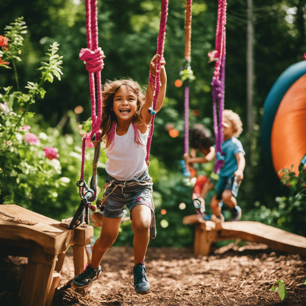 Nt image capturing the joyous expressions of children as they navigate an elaborate backyard obstacle course, complete with a mini rock-climbing wall, a tire swing, and a makeshift zipline, amidst lush greenery and colorful flowers