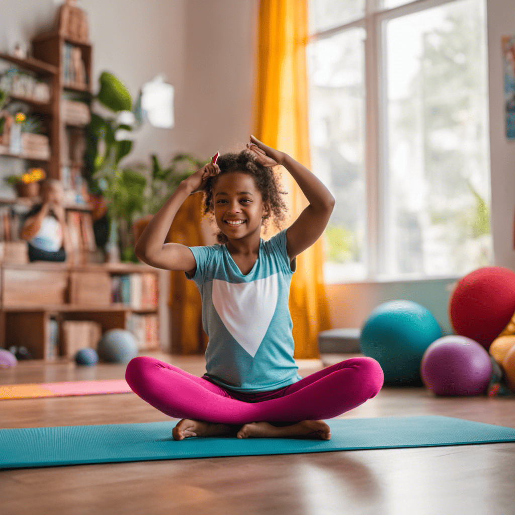 An image showcasing a living room transformed into a vibrant virtual fitness studio, filled with energetic children actively participating in an online fitness class
