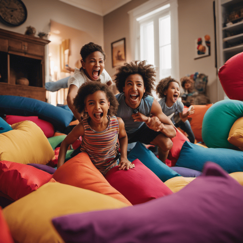 An image showcasing a family engaged in a playful obstacle course made of colorful pillows, with children crawling under tunnels, leaping over cushions, and parents cheering them on, highlighting creative ways to stay active at home