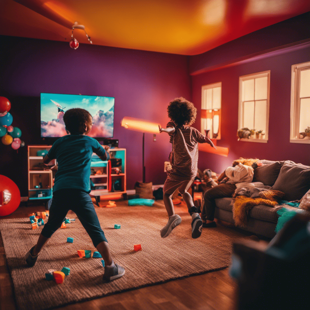 An image showcasing a living room transformed into a virtual obstacle course, with a family joyfully engaged in active video games, jumping, dodging, and laughing together amidst a colorful, immersive digital landscape