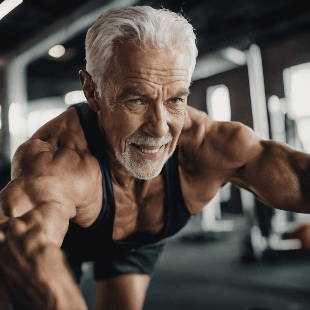 An image showcasing an older adult engaging in a high-intensity interval training (HIIT) workout, capturing their increased heart rate, sweat-drenched face, and a radiant expression of accomplishment, emphasizing the numerous health benefits of HIIT for older adults