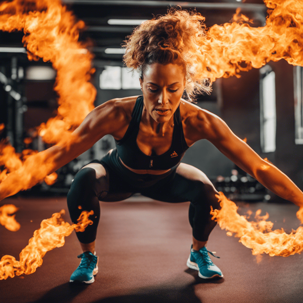 An image that showcases a mature woman in workout attire engaging in a HIIT routine, surrounded by vibrant flames symbolizing increased metabolism and calorie burn