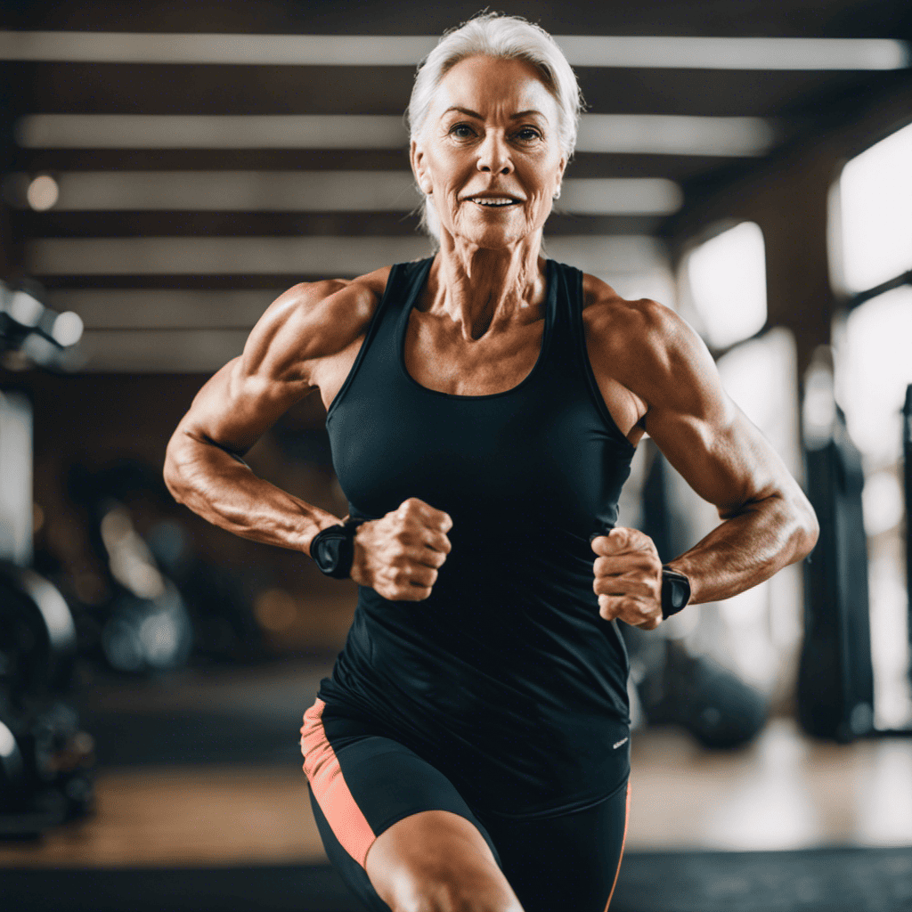 An image showcasing a mature individual engaged in a dynamic HIIT workout, with visible signs of improved cardiovascular health: flushed cheeks, increased breathing rate, and a vibrant energy exuding from their face