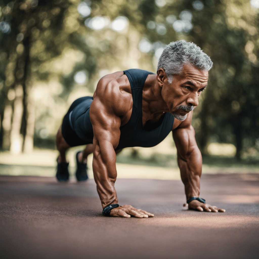 An image showcasing a mature individual performing bodyweight exercises like push-ups, squats, and lunges, using proper form and intensity