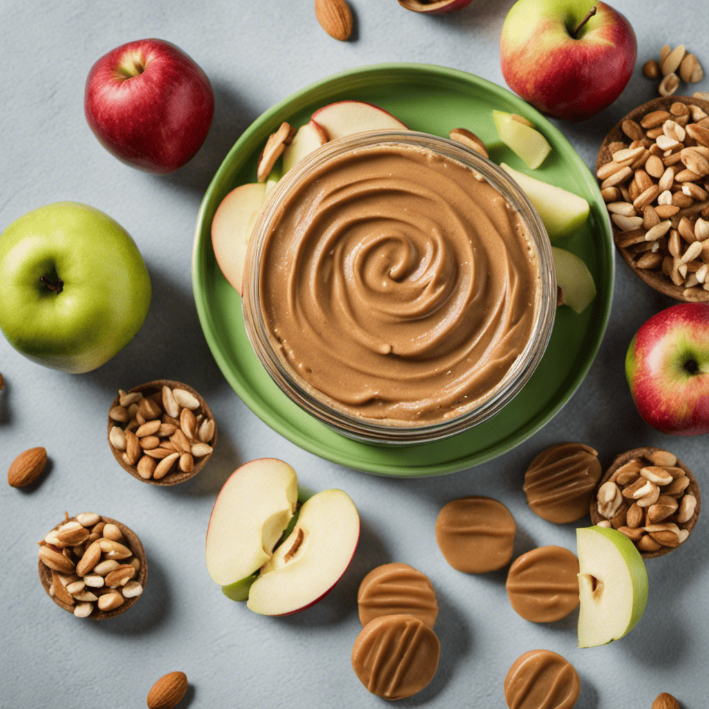 An image showcasing a colorful assortment of high protein snacks with nut butter, such as sliced apples with almond butter, celery sticks with peanut butter, and rice cakes topped with hazelnut spread