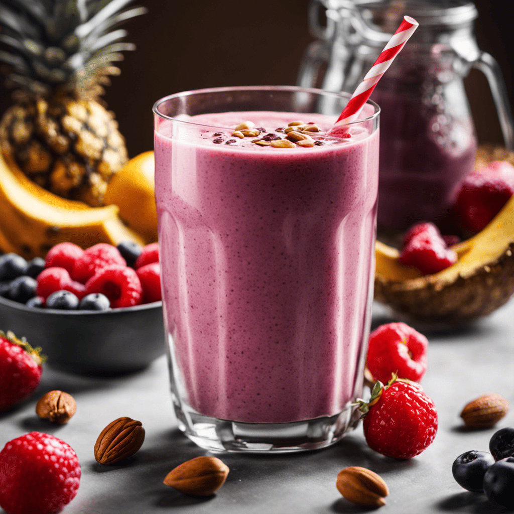 An image featuring a vibrant, overflowing glass of creamy protein smoothie, with a medley of fresh fruits and nuts on top