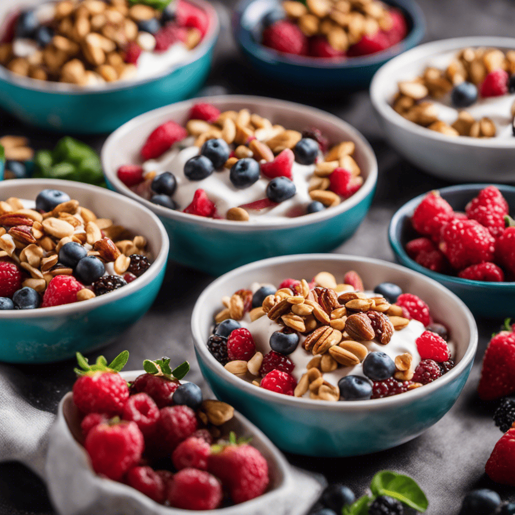 An image showcasing a colorful array of protein-packed snacks, like Greek yogurt parfaits topped with nuts and berries, protein bars with vibrant flavors, and a variety of sliced lean meats with crunchy veggies