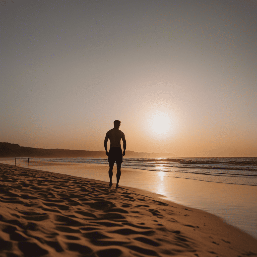 An image showcasing a serene sunset over a peaceful beach, with a figure stretching nearby