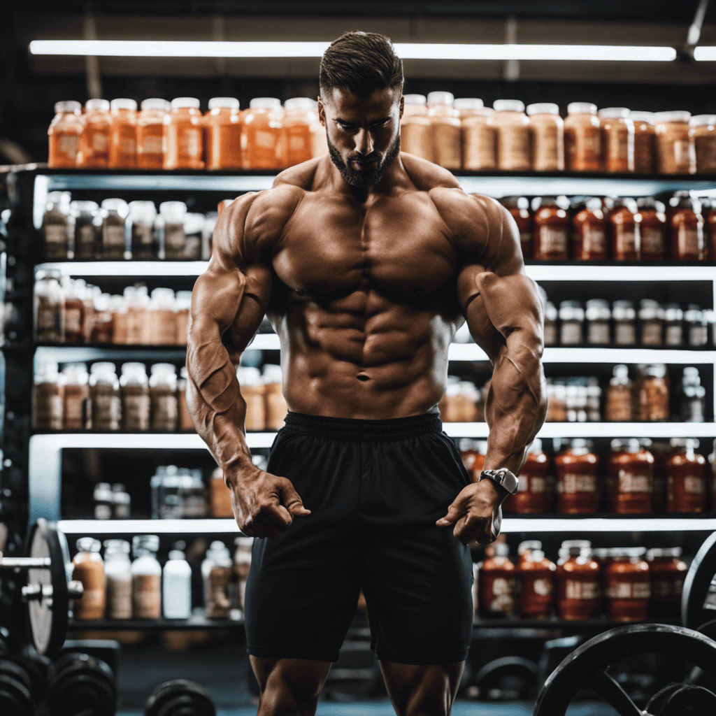 An image showcasing a muscular man in a gym, surrounded by various muscle building supplements like protein powder, creatine, and BCAAs, highlighting the question of their effectiveness in gaining muscle mass