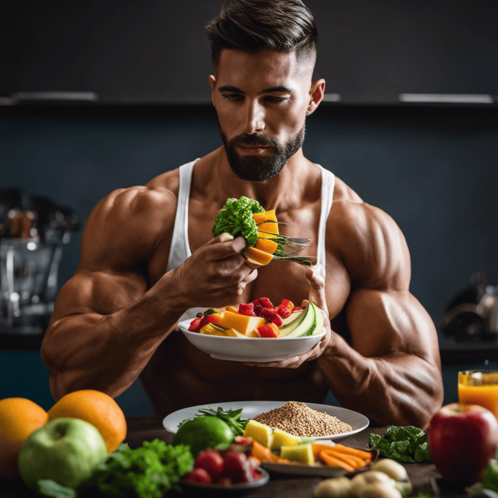 An image showcasing a young, muscular man devouring a colorful, well-balanced plate of lean protein, whole grains, and vibrant fruits and vegetables, emphasizing the vital role of nutrition in muscle growth