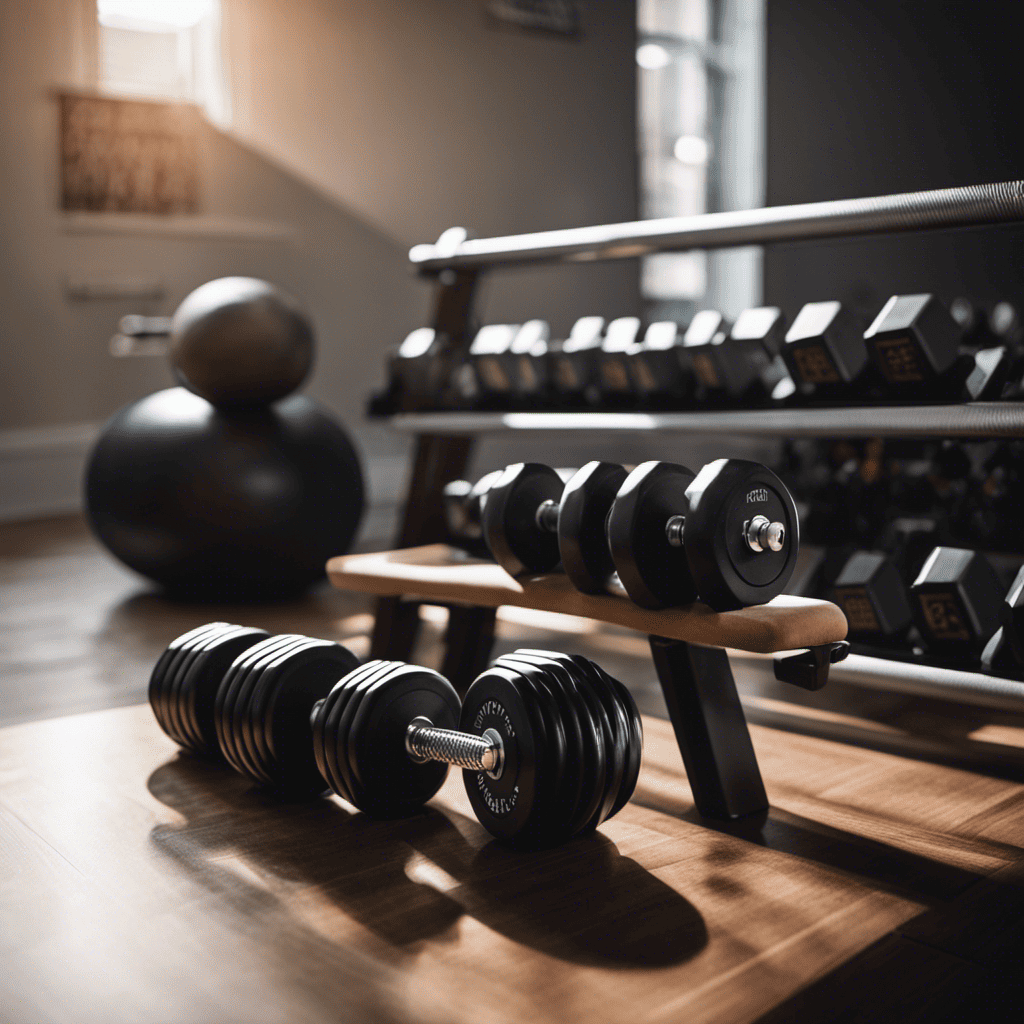 An image showcasing a compact, adjustable dumbbell set, a sturdy weight bench, and resistance bands neatly arranged in a well-lit home gym space, surrounded by motivational posters and a mirror for perfecting form