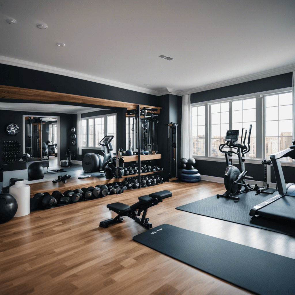 An image showcasing a spacious, well-lit room with a variety of budget-friendly home gym equipment neatly organized on racks and shelves