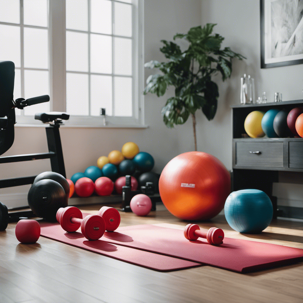 An image showcasing a spacious, well-lit room with a variety of home gym equipment, including dumbbells, resistance bands, a yoga mat, and a stability ball