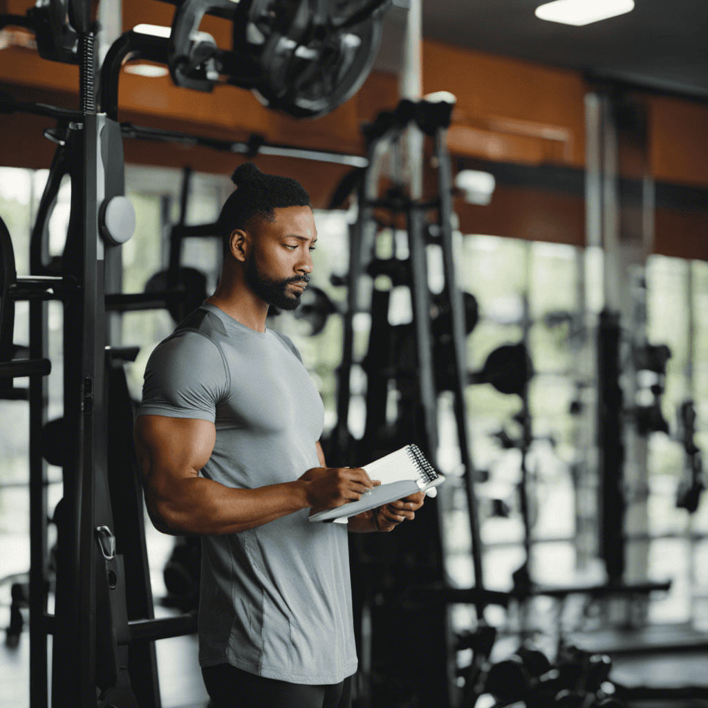 An image of a person standing in a gym, surrounded by exercise equipment, holding a notepad and pen