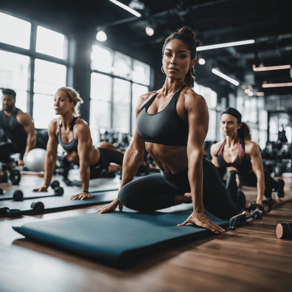 An image that showcases a diverse range of exercise equipment, from free weights to yoga mats, surrounded by individuals engaged in various workout styles like HIIT, pilates, running, and weightlifting