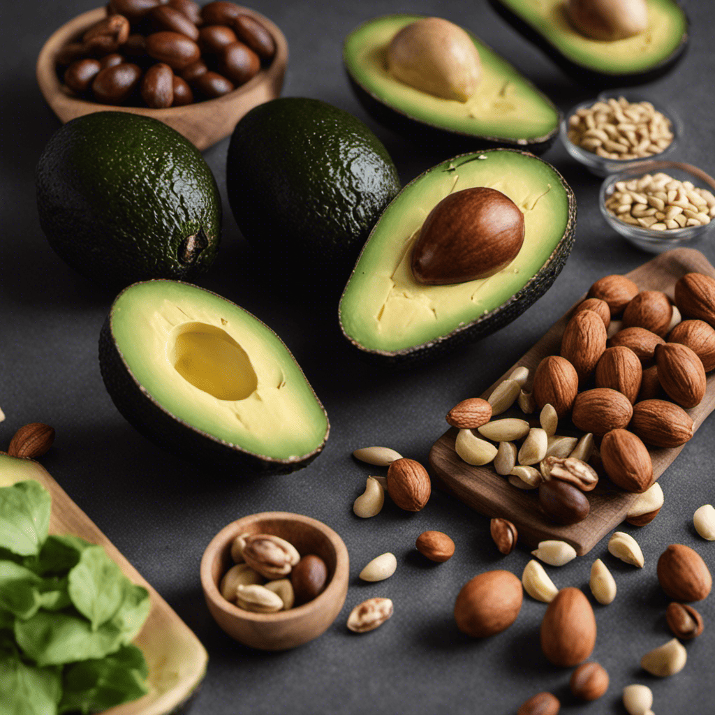 An image that showcases a variety of nutrient-rich foods rich in healthy fats, such as avocados, nuts, seeds, and fatty fish, arranged in an appealing way to inspire readers about the benefits of incorporating these fats into their fitness-focused diet