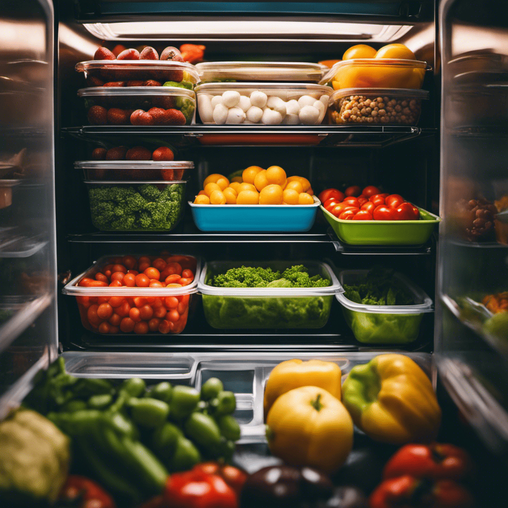 An image showcasing a neatly organized refrigerator filled with colorful containers of pre-prepared meals, fresh fruits and vegetables, and various protein sources