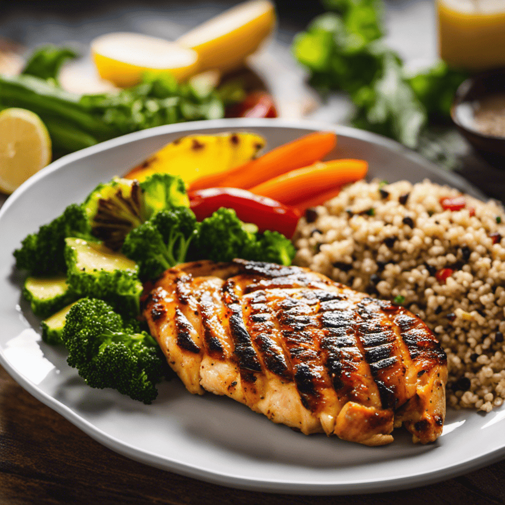 An image showcasing a vibrant plate filled with grilled chicken breast, a colorful array of steamed vegetables, and a side of quinoa