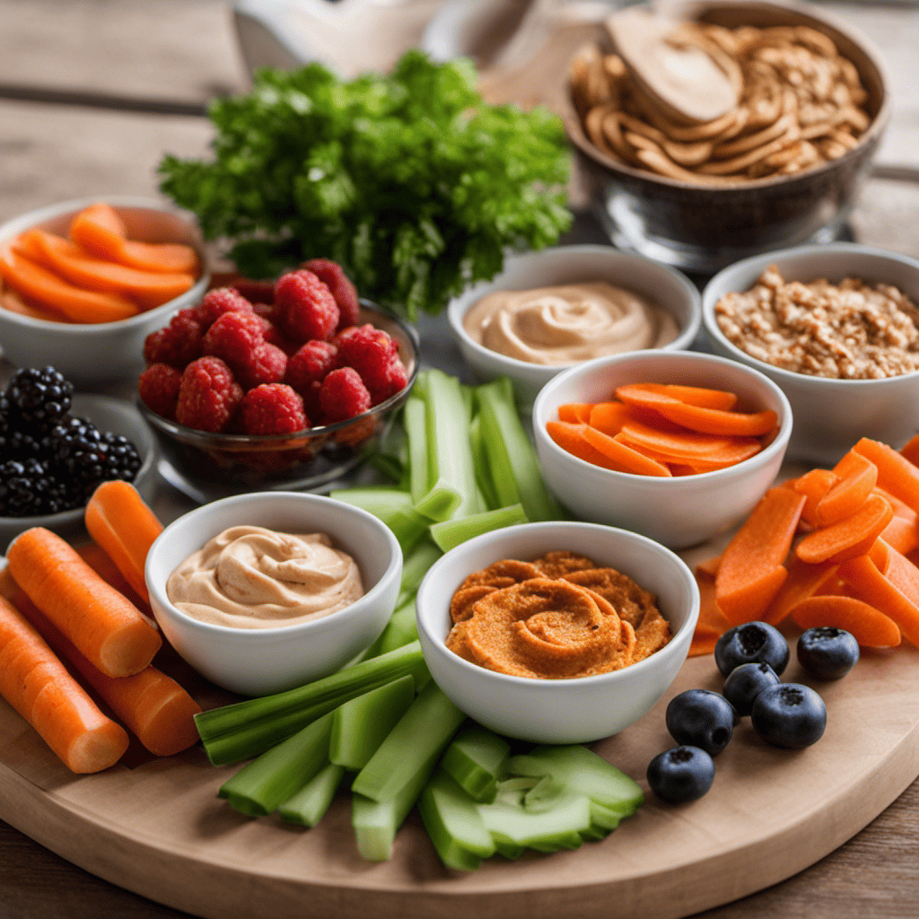 An image showcasing a variety of nutrient-dense snacks, such as sliced carrots, celery sticks, hummus, almond butter, and Greek yogurt with berries
