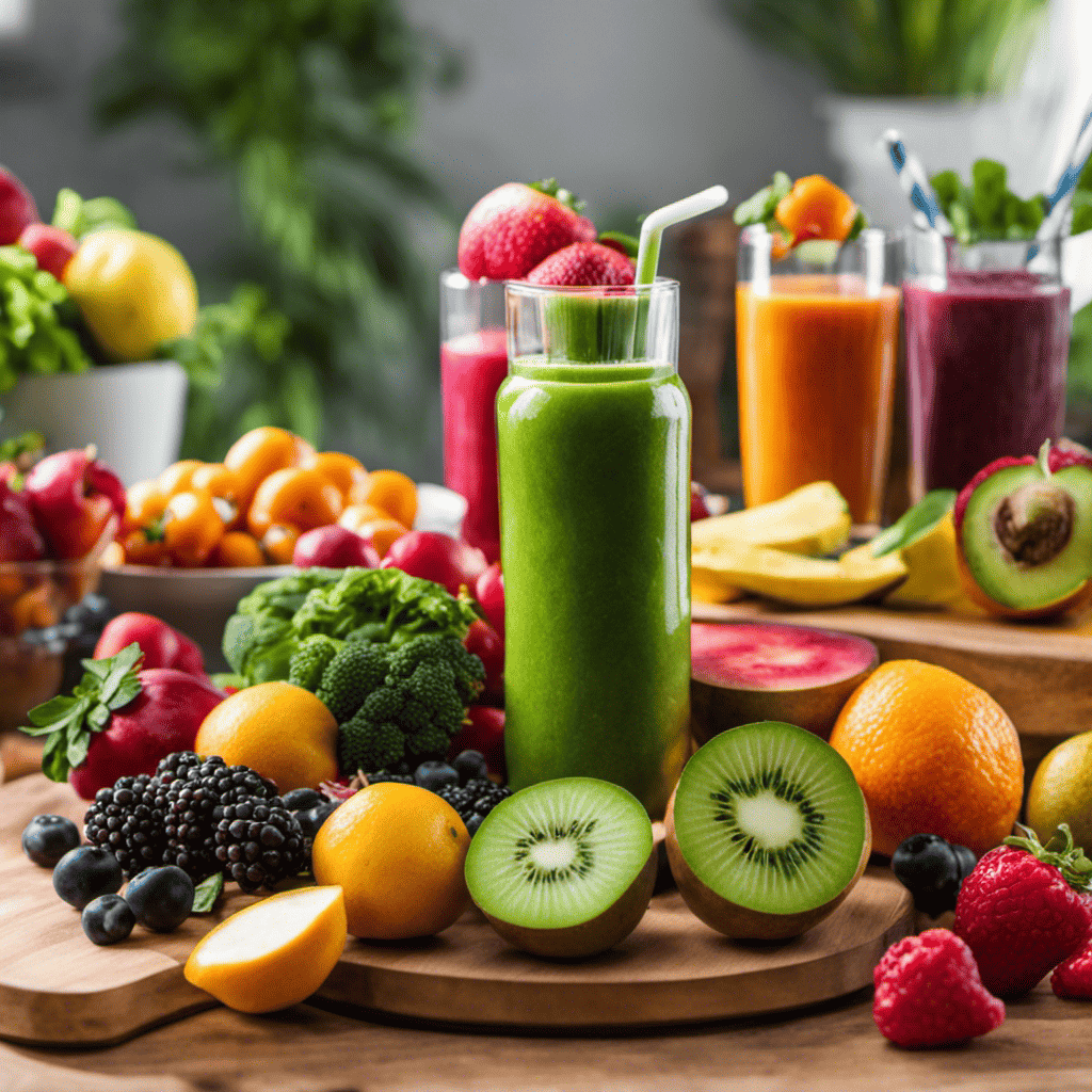 Nt, colorful image showcasing a variety of fresh, nutrient-packed fruits and vegetables, neatly arranged on a wooden cutting board alongside a sleek blender, ready to whip up delicious and wholesome smoothies