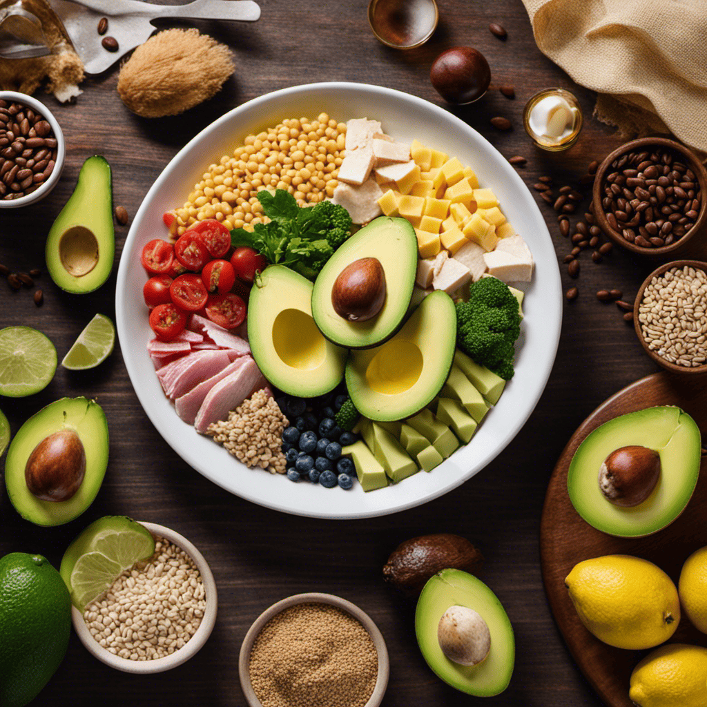 An image of a colorful plate with portioned food groups: lean proteins (chicken), complex carbs (whole grains), and healthy fats (avocado)