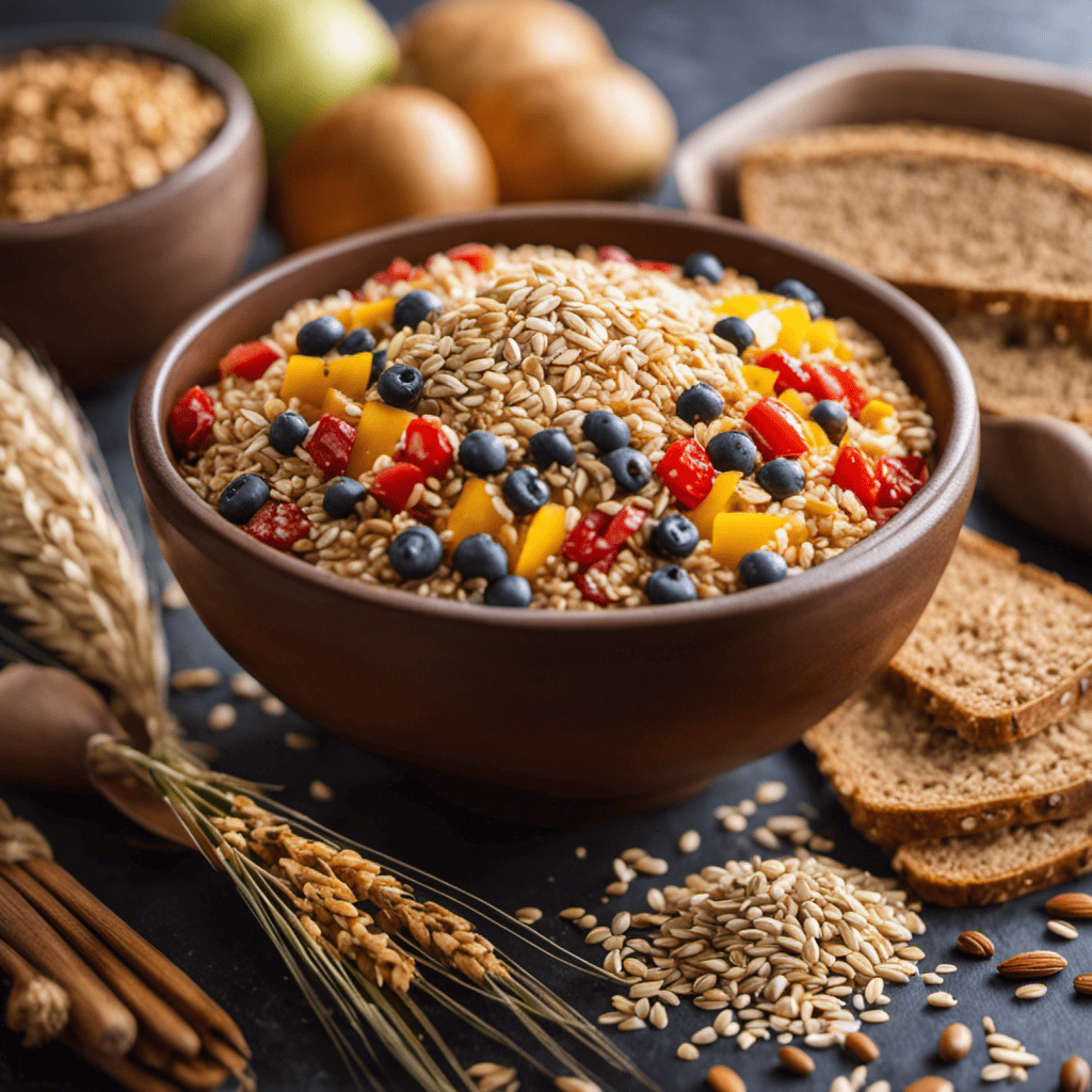 An image showcasing a vibrant bowl filled with a colorful array of whole grain foods such as quinoa, brown rice, oats, and whole wheat bread