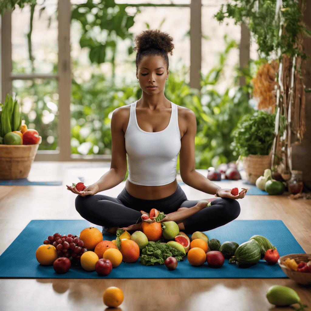 An image showcasing a serene setting, with a person sitting cross-legged on a yoga mat, surrounded by vibrant fruits and vegetables