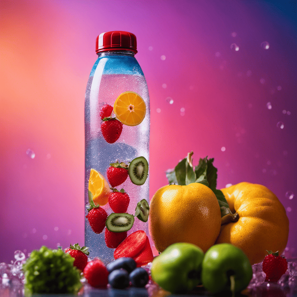 An image featuring a vibrant, clear water bottle with droplets of condensation on its surface, placed next to a colorful assortment of fresh fruits and vegetables, emphasizing the importance of hydration for optimal fitness
