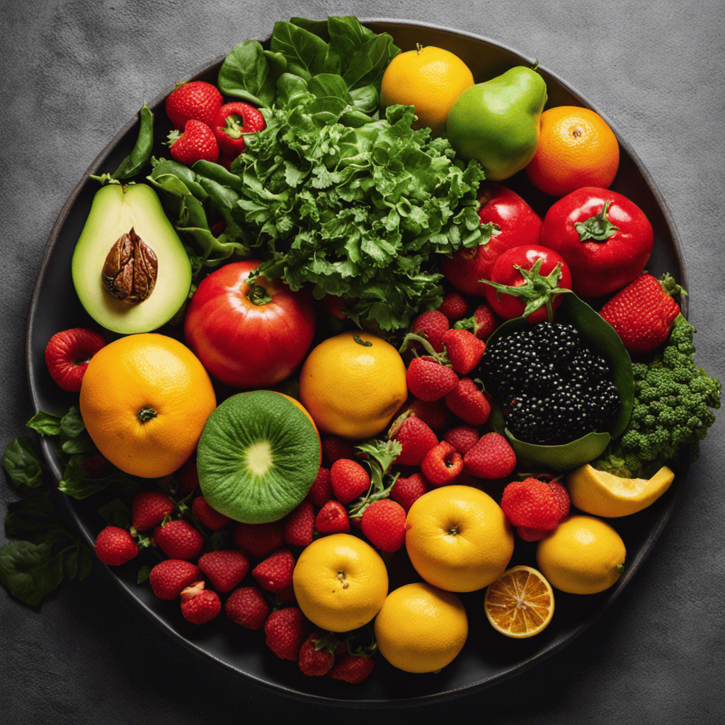 An image showcasing a vibrant plate filled with colorful fruits and vegetables, highlighting their various shades and textures