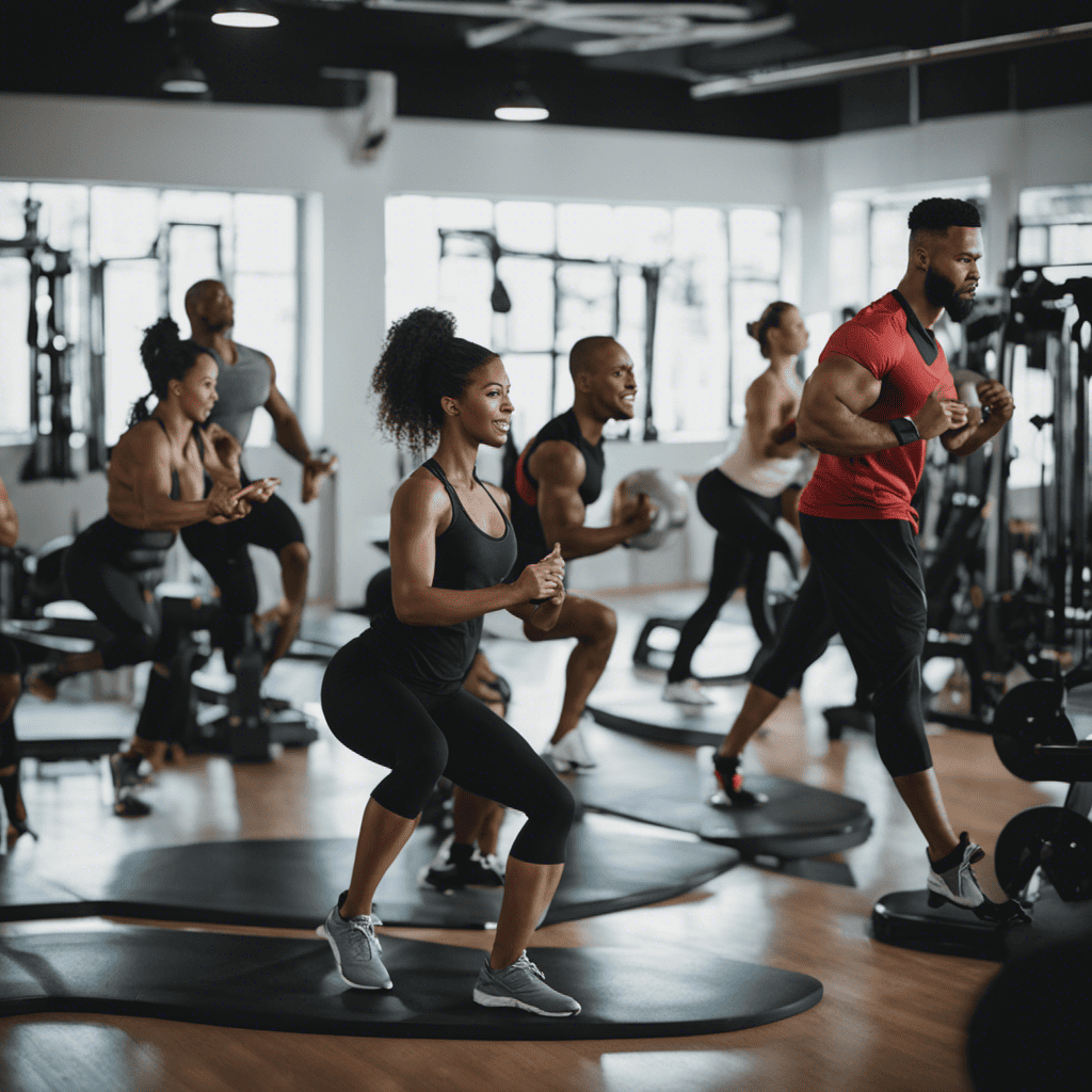 An image of a gym with a diverse group of individuals engaging in various exercises, surrounded by enthusiastic personal trainers providing one-on-one guidance, showcasing their expertise through intense workouts and attentive coaching