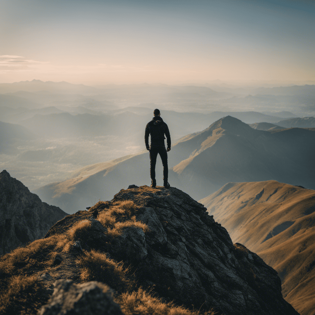An image depicting a person standing on a mountain peak, gazing towards a distant horizon