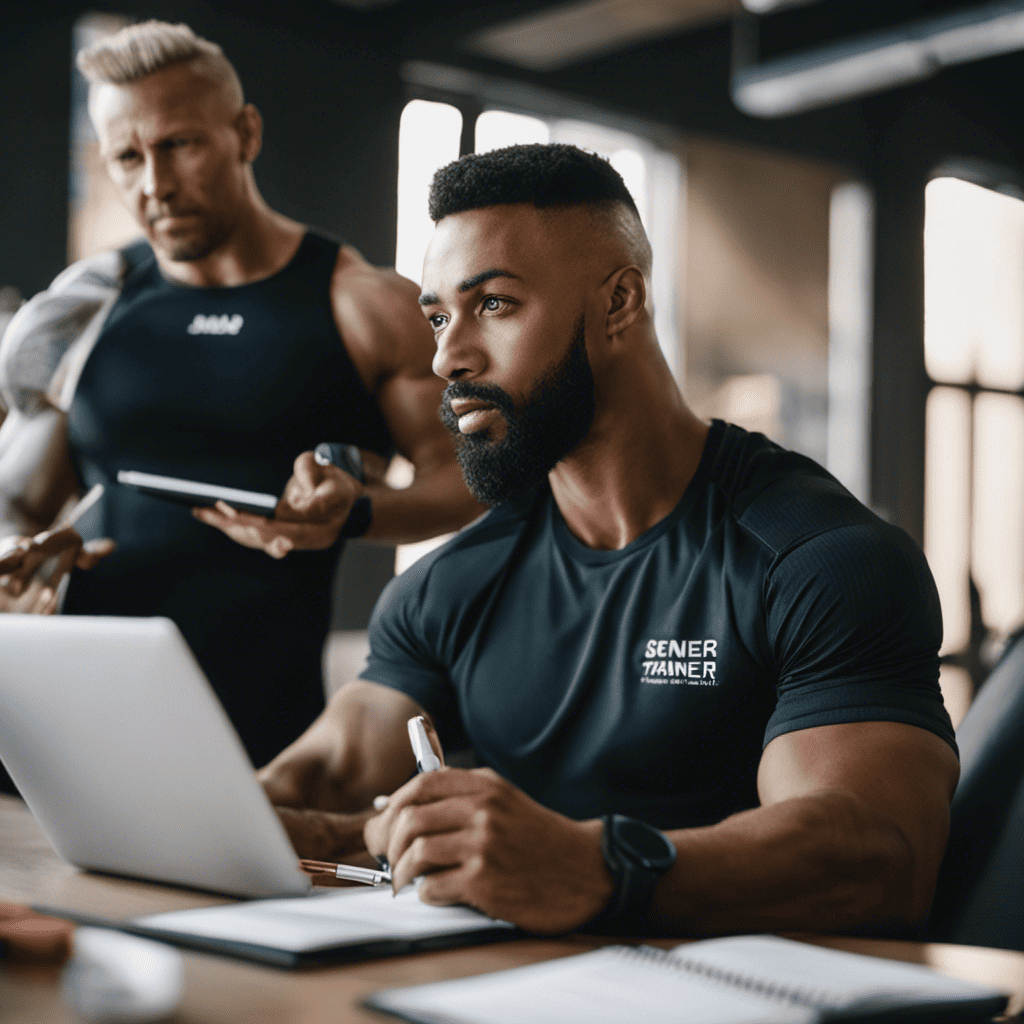  Design an image showcasing a person sitting at a desk with a calendar and a notepad, while a personal trainer stands beside them, wearing workout attire