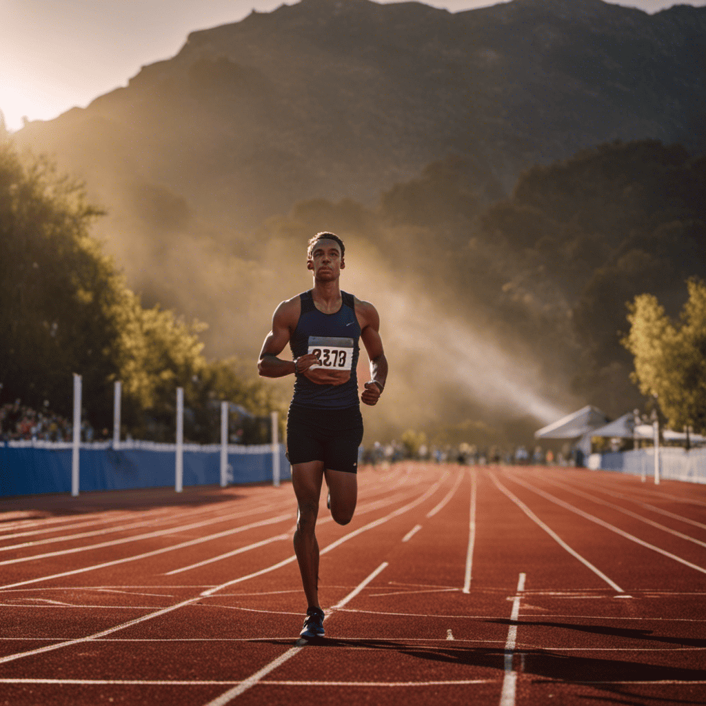 An image of a runner at sunrise, standing at the starting line of a track