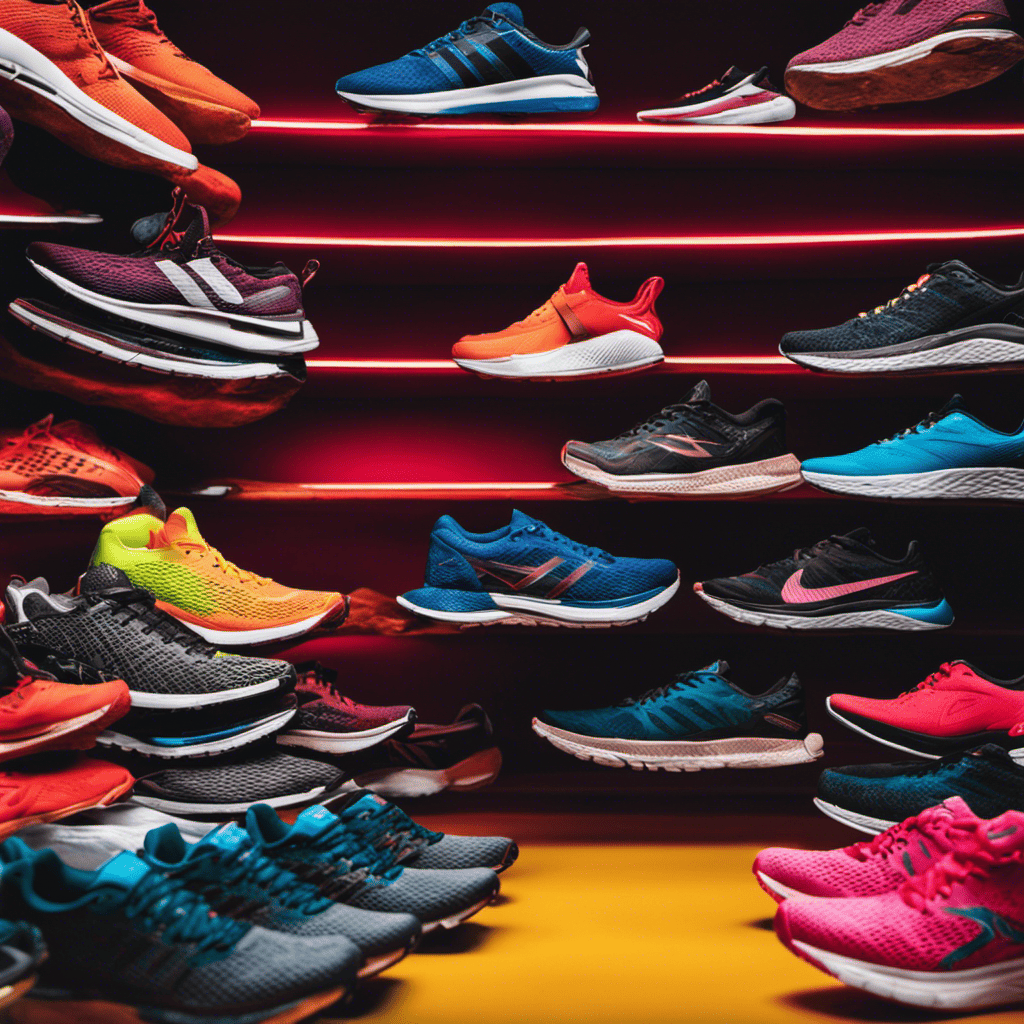 An image showcasing a variety of running shoe options, neatly arranged on a vibrant background