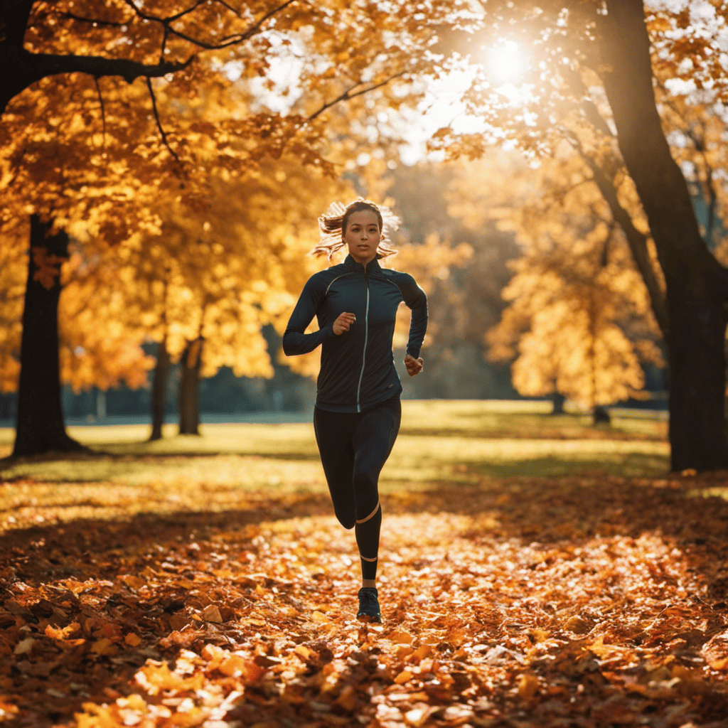 An image of a runner in a sunlit park, surrounded by vibrant autumn foliage