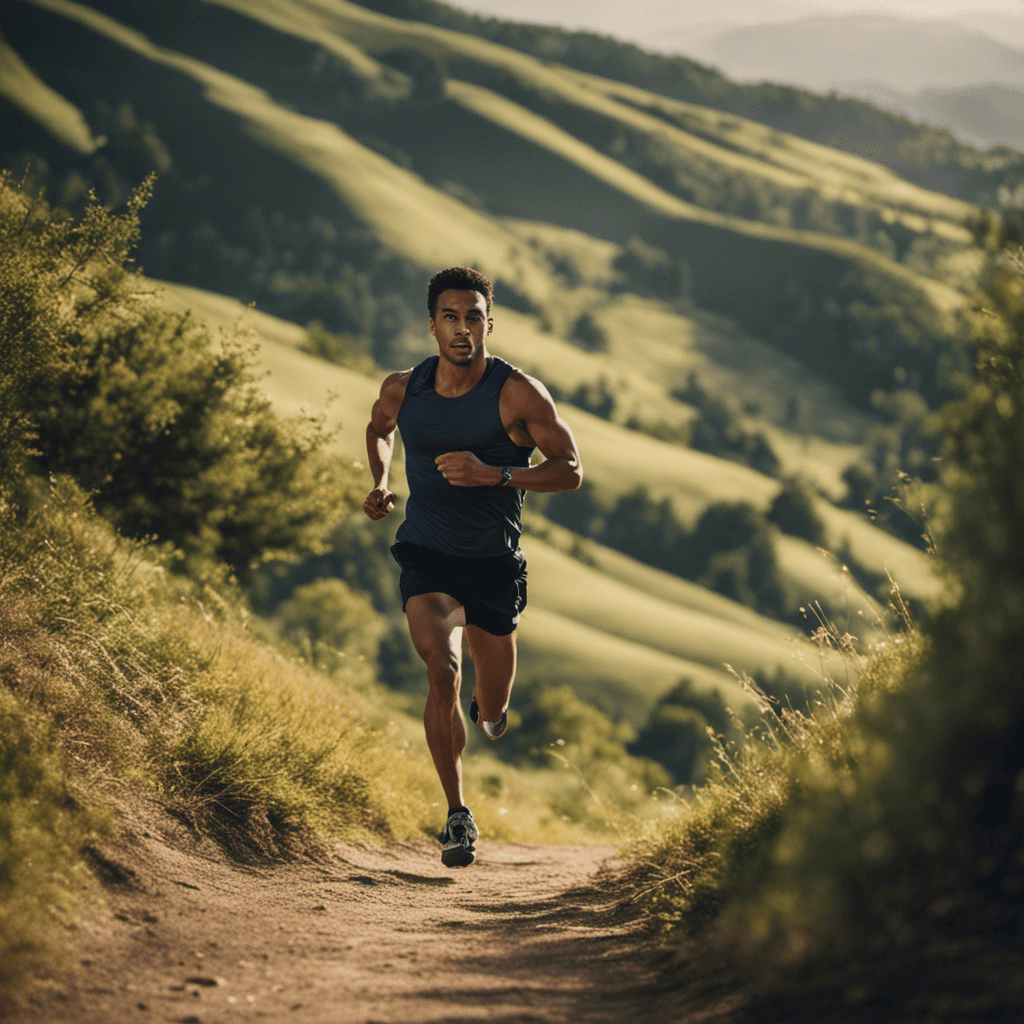 An image showing a determined runner, surrounded by a scenic landscape, running uphill with a look of focus and determination, symbolizing the perseverance needed to stay motivated and conquer challenges in running