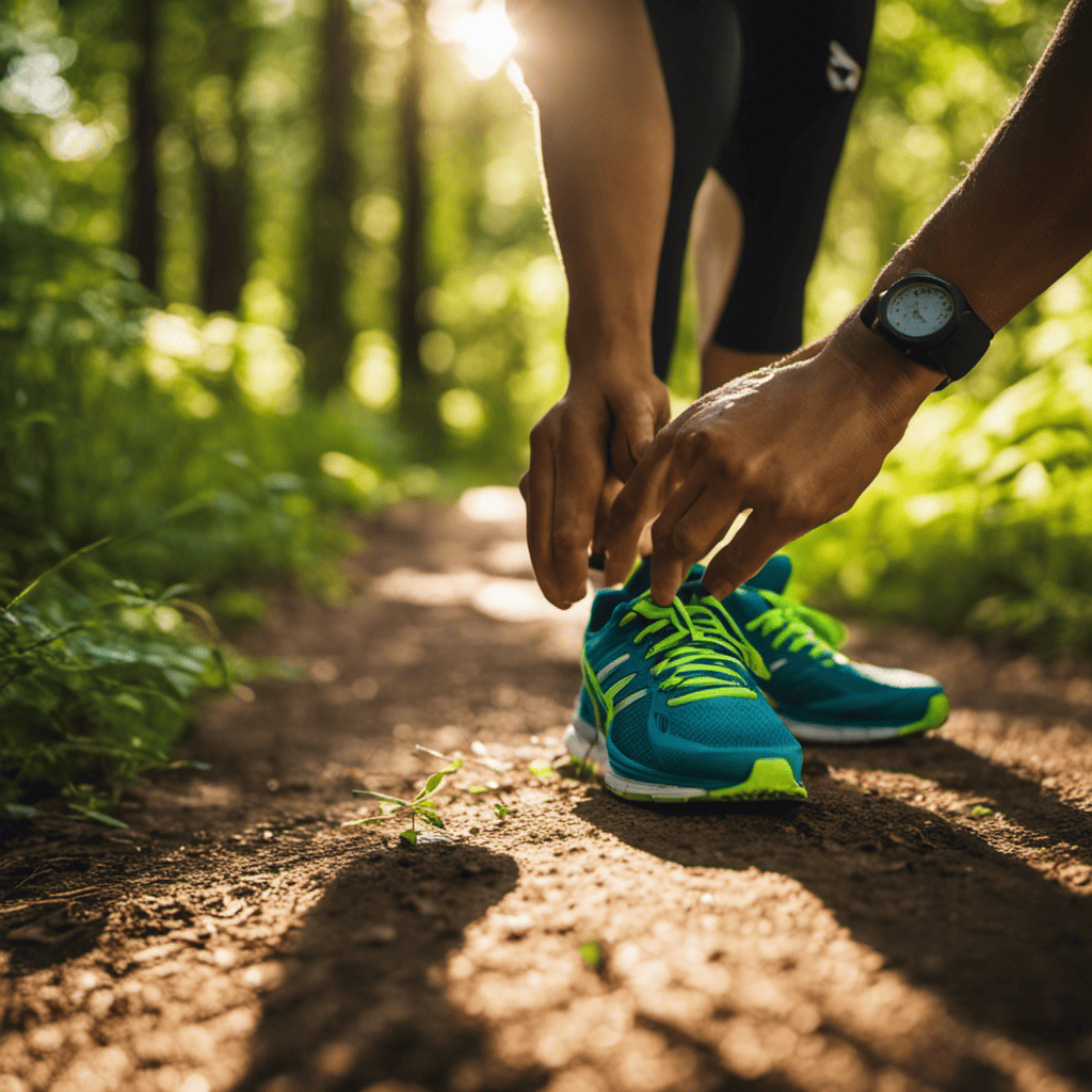 Nt image of a runner, lacing up their colorful running shoes, standing on a sunlit path surrounded by lush green trees