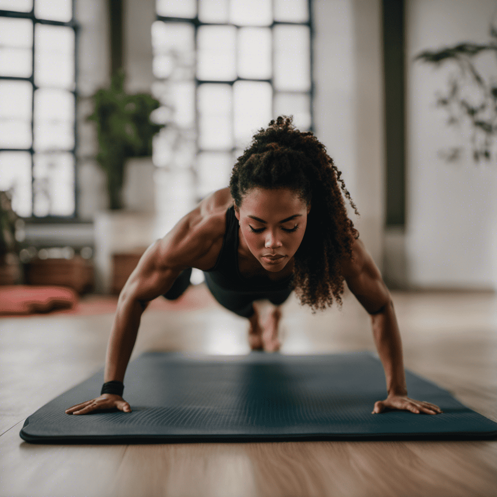 An image featuring a person performing a plank exercise on a yoga mat, with a strong engaged core, straight spine, and aligned posture